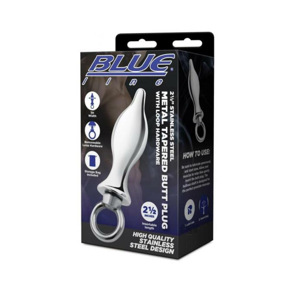 Blue Line 2.5" Stainless Steel Metal Tapered Butt Plug With Loop Hardware