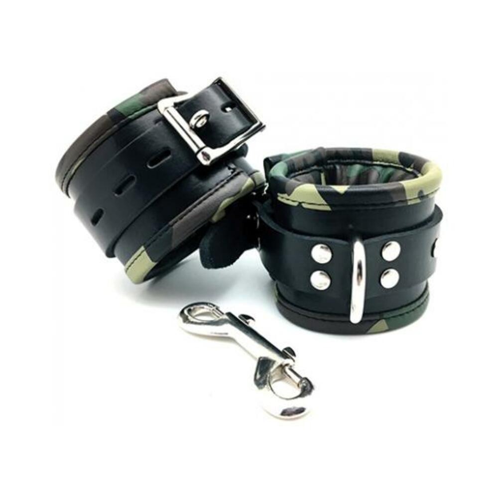 Sensual Sin Leather Padded Wrist Cuffs Camo Piping