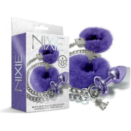 Nixie Metal Butt Plug & Furry Handcuff Set Medium Purple Metallic