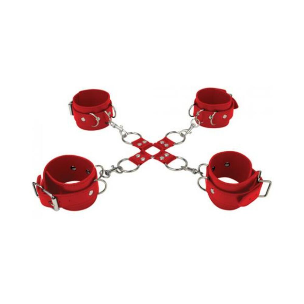 Ouch Leather Hand and Leg Cuffs Red